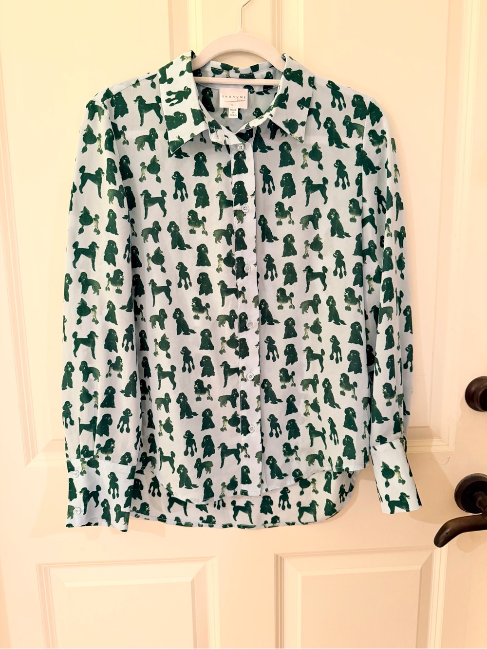 Societe Anonyme women’s Light Blue Shirt with Green Poodle doodle Print NWOT